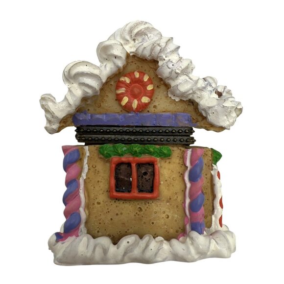 Ceramic Hinged Gingerbread House Store Christmas Trinket Box Candy Cane 2.5” - Picture 2 of 6